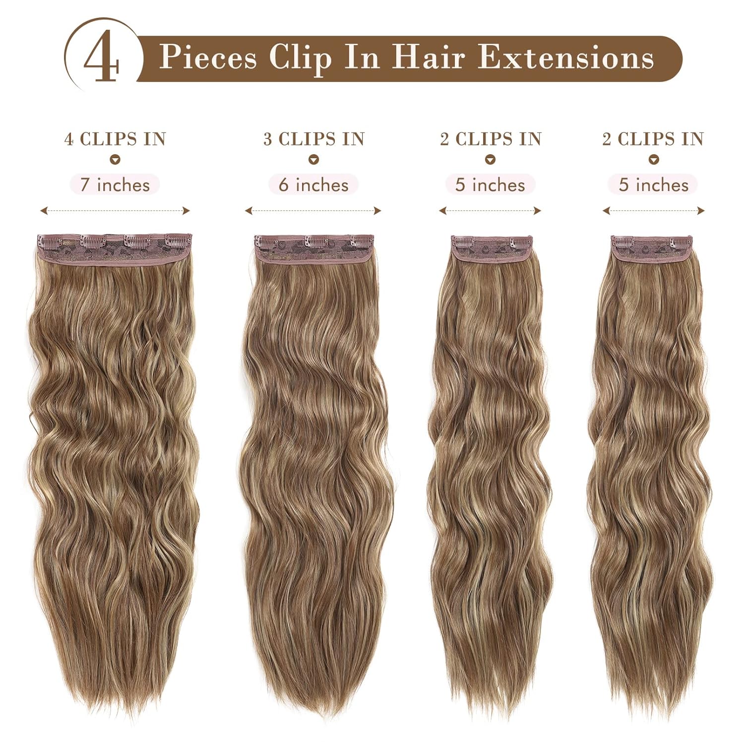 REECHO Extensiones de cabello, 4 extensiones de cabello con clip, HE001, extensiones de cabello sintético suave natural para mujer, marrón claro con