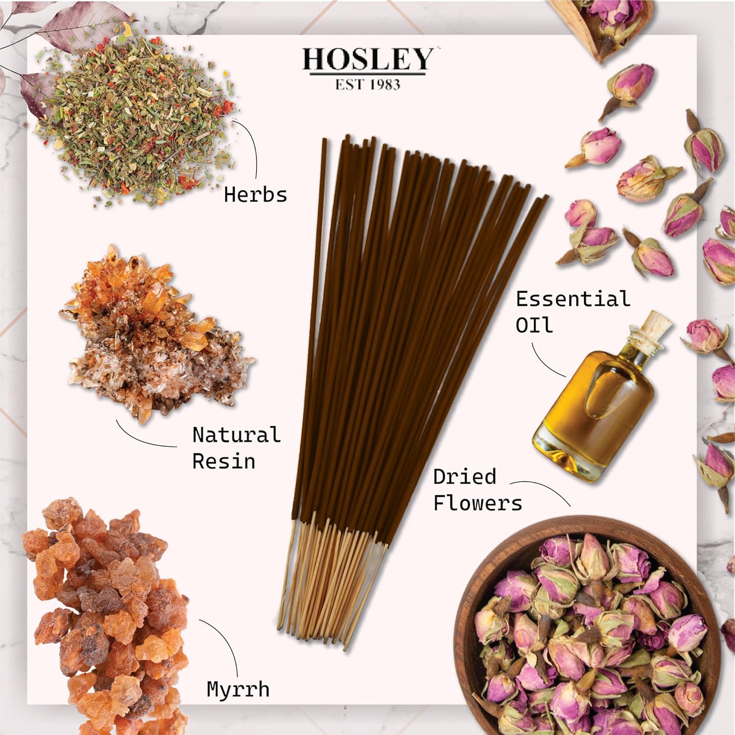 Hosley Myrrh Fragances – Varillas de incienso con infusión de aceites esenciales para aromaterapia de larga duración, relajación holística en cada