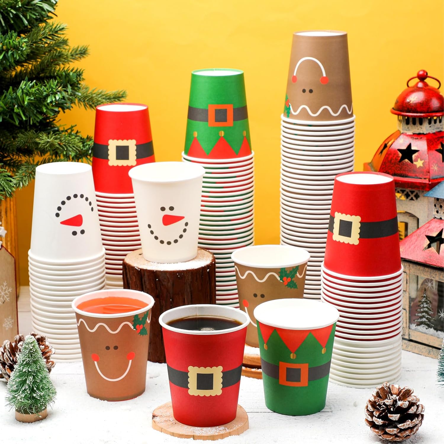 160 vasos de papel de Navidad desechables para fiestas de Navidad, 9 onzas, Papá Noel, elfo, muñeco de nieve, tazas de Navidad, tazas de papel para