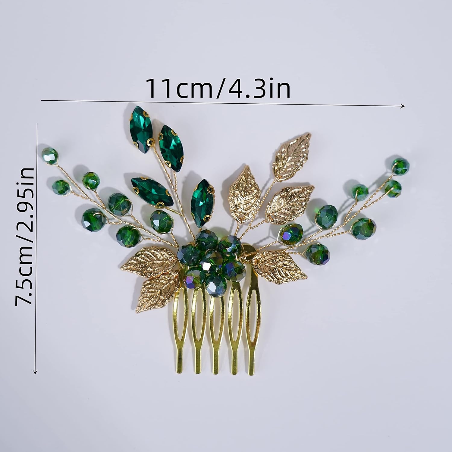 Teyglen Peines de pelo dorados para boda, con diamantes de imitación de flores verdes, peine lateral de cristal, vintage, hojas de cristal,