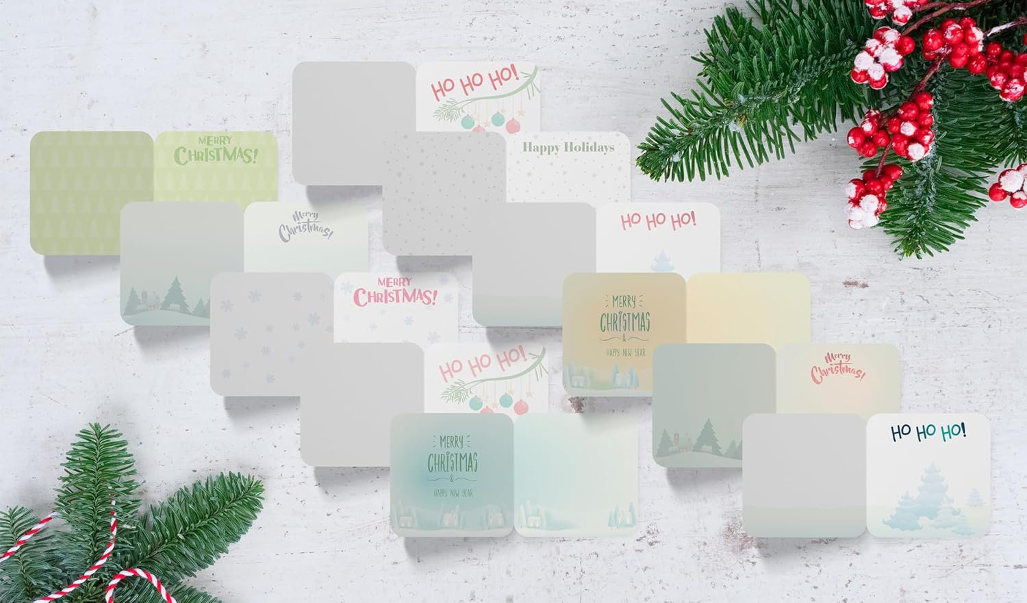 Better Office Products Mini tarjetas de felicitación de Navidad y sobres, 3 x 3 pulgadas, 25 diseños únicos con sobres rojos y verdes, pequeñas