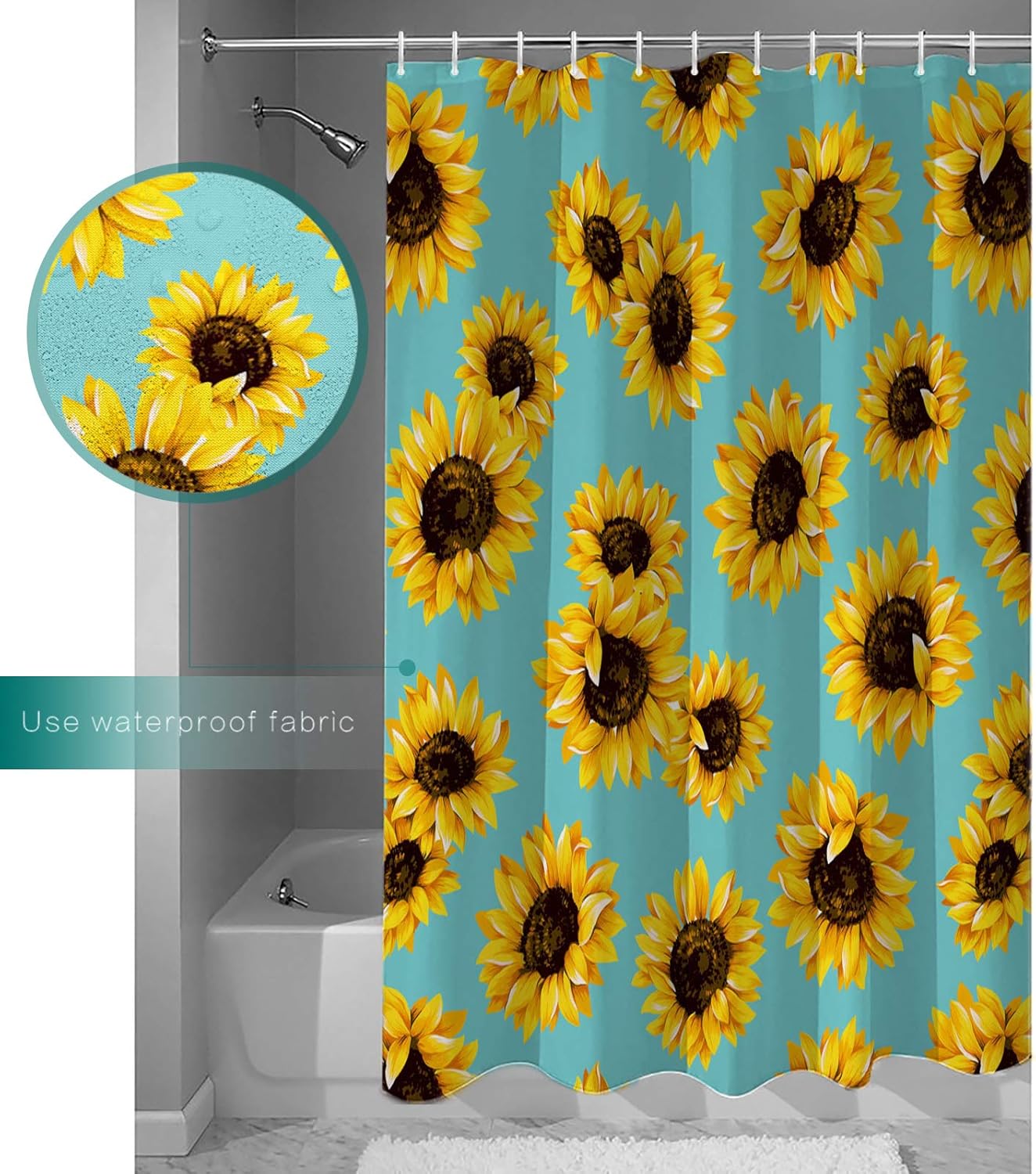 Shower Curtains for Bathroom Sunflower Aqua Vintage Background Waterproof Fabric Shower Curtain Set with 12 Hooks Quick Drying Bathroom Decor