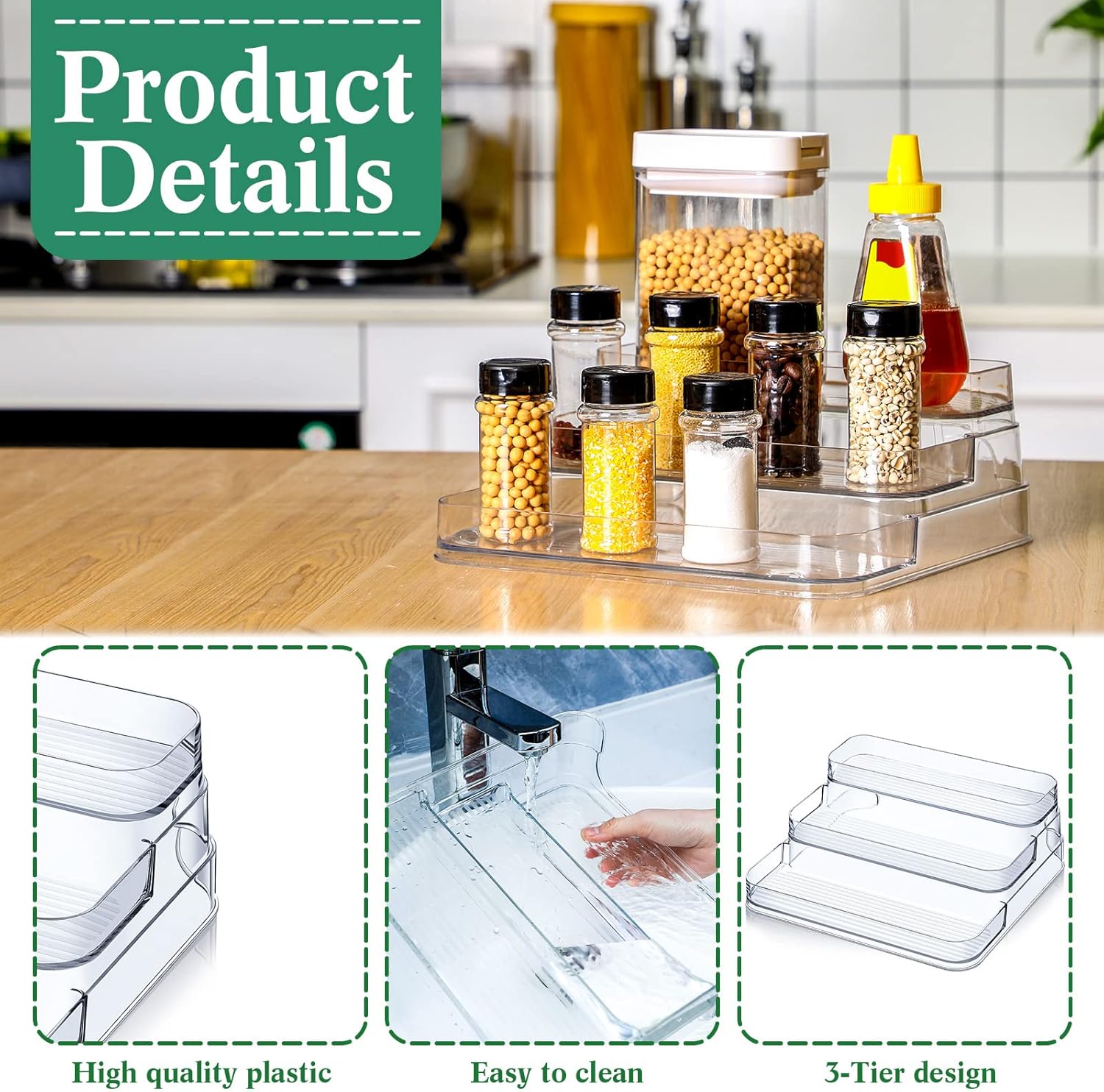 Macarrie Organizador de especias de plástico transparente de 3 niveles para despensa, 10.4 x 9.7 x 3.9 pulgadas