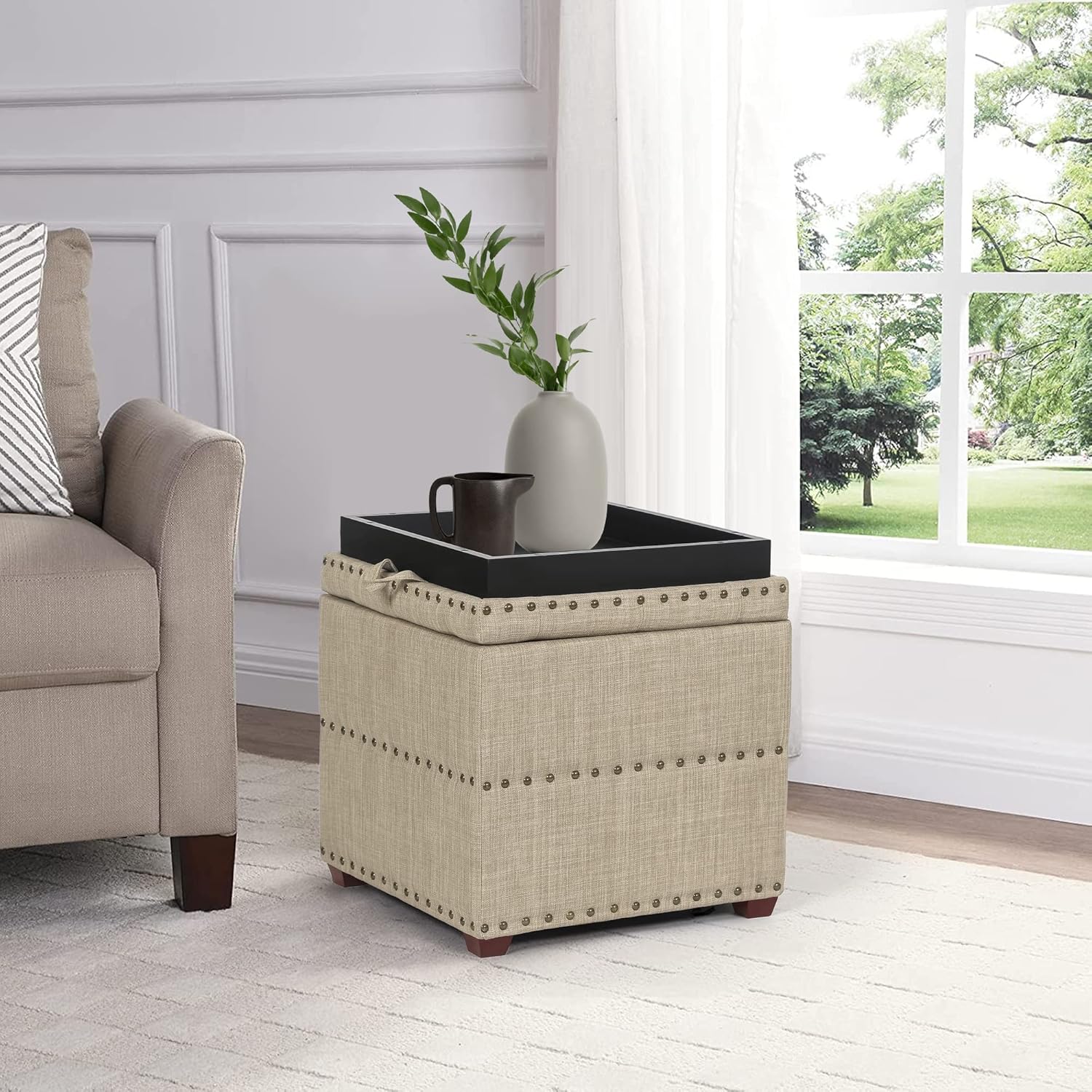 Adeco Taburetes otomanos de 18 pulgadas de alto, taburetes de lino beige con bandeja, taburete de tocador tapizado con patas de madera maciza