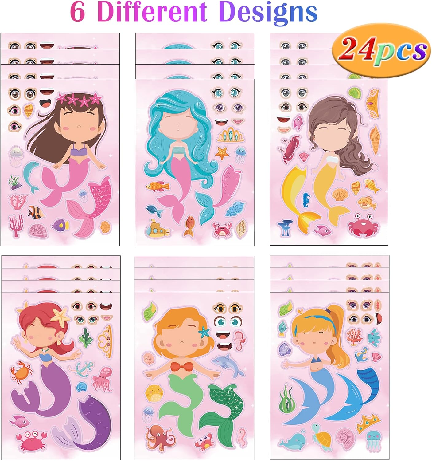 24 hojas de calcomanías de sirena para actividades de niños pequeños, haz tus propias calcomanías para niños, suministros de recuerdo de fiesta de