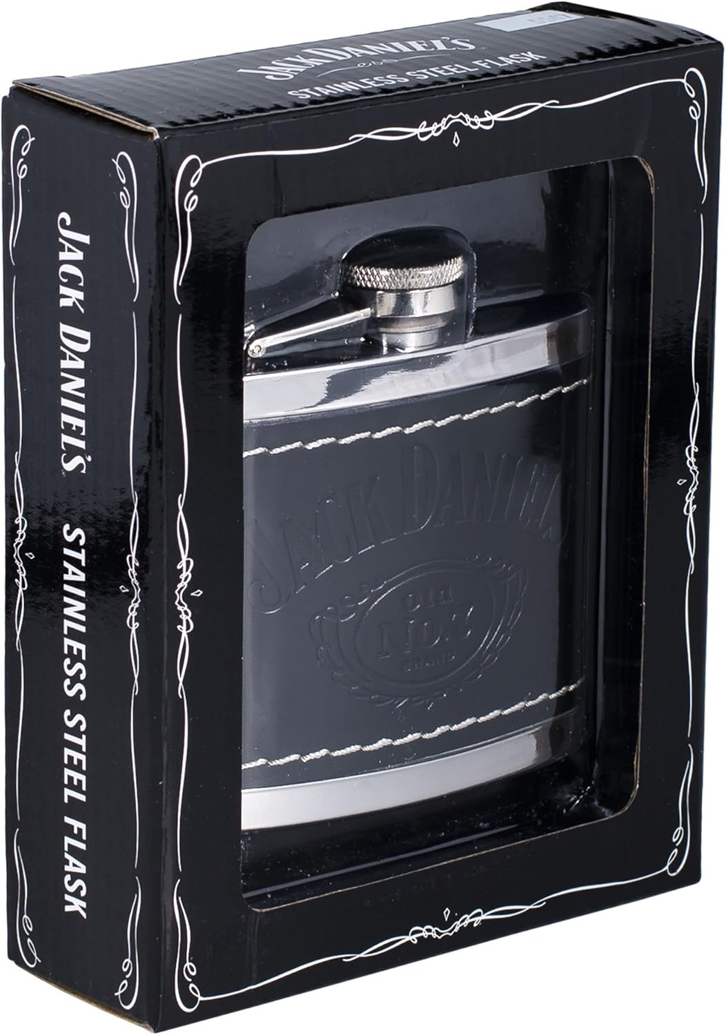 Jack Daniel’s Frasco de acero inoxidable envuelto en cuero negro