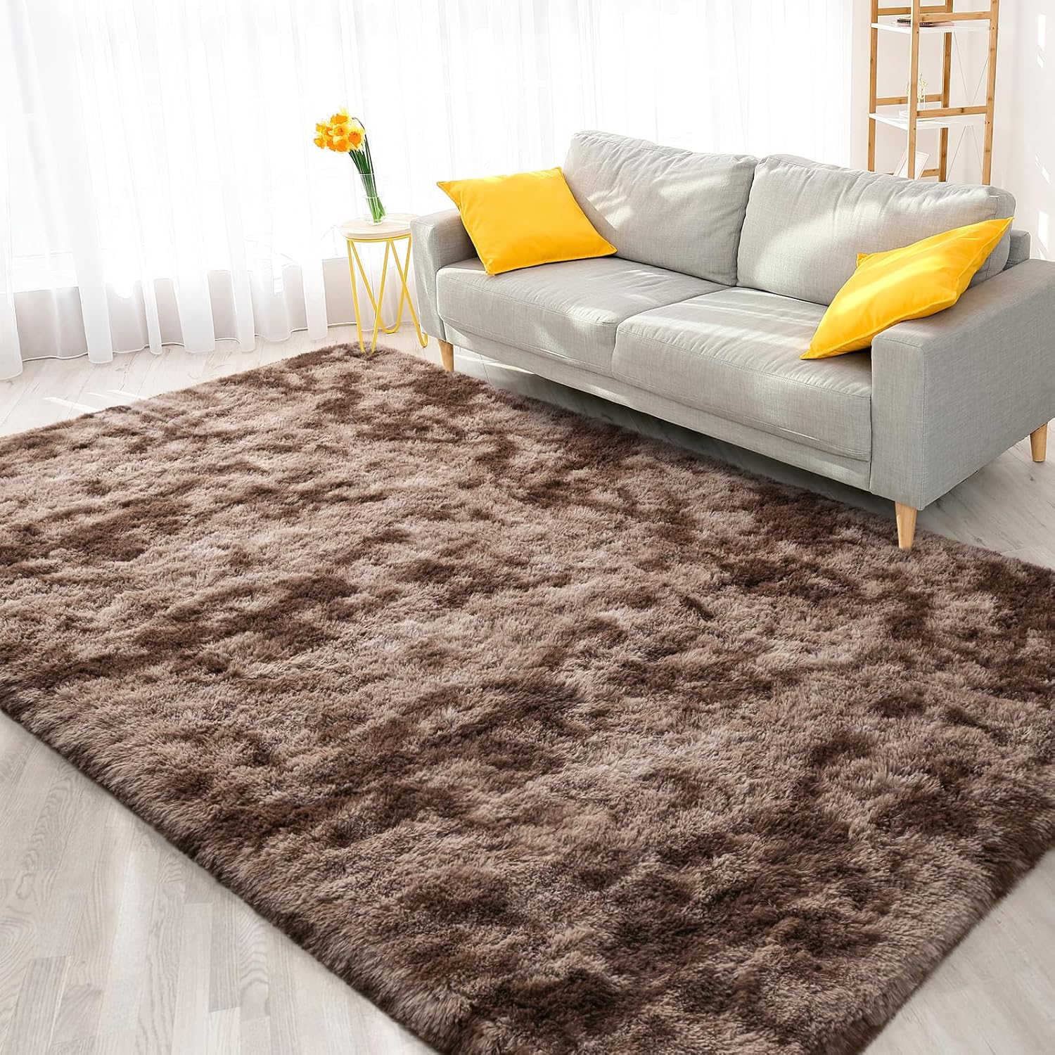 FlyDOIT Alfombras de área grandes para sala de estar, 5 x 8 pies, teñido anudado, color café, peludas, mullidas, ultra suaves, modernas, para