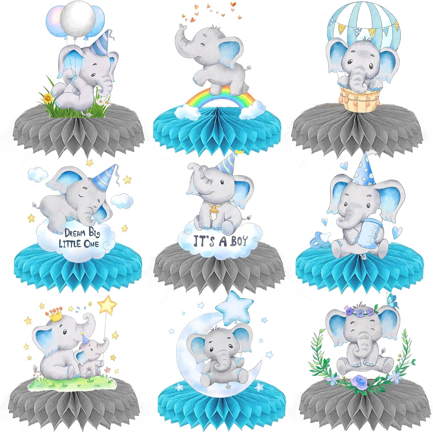 9 piezas de centro de mesa de nido de abeja de elefante azul, decoración de baby shower de elefante para niños, centros de mesa de baby shower,
