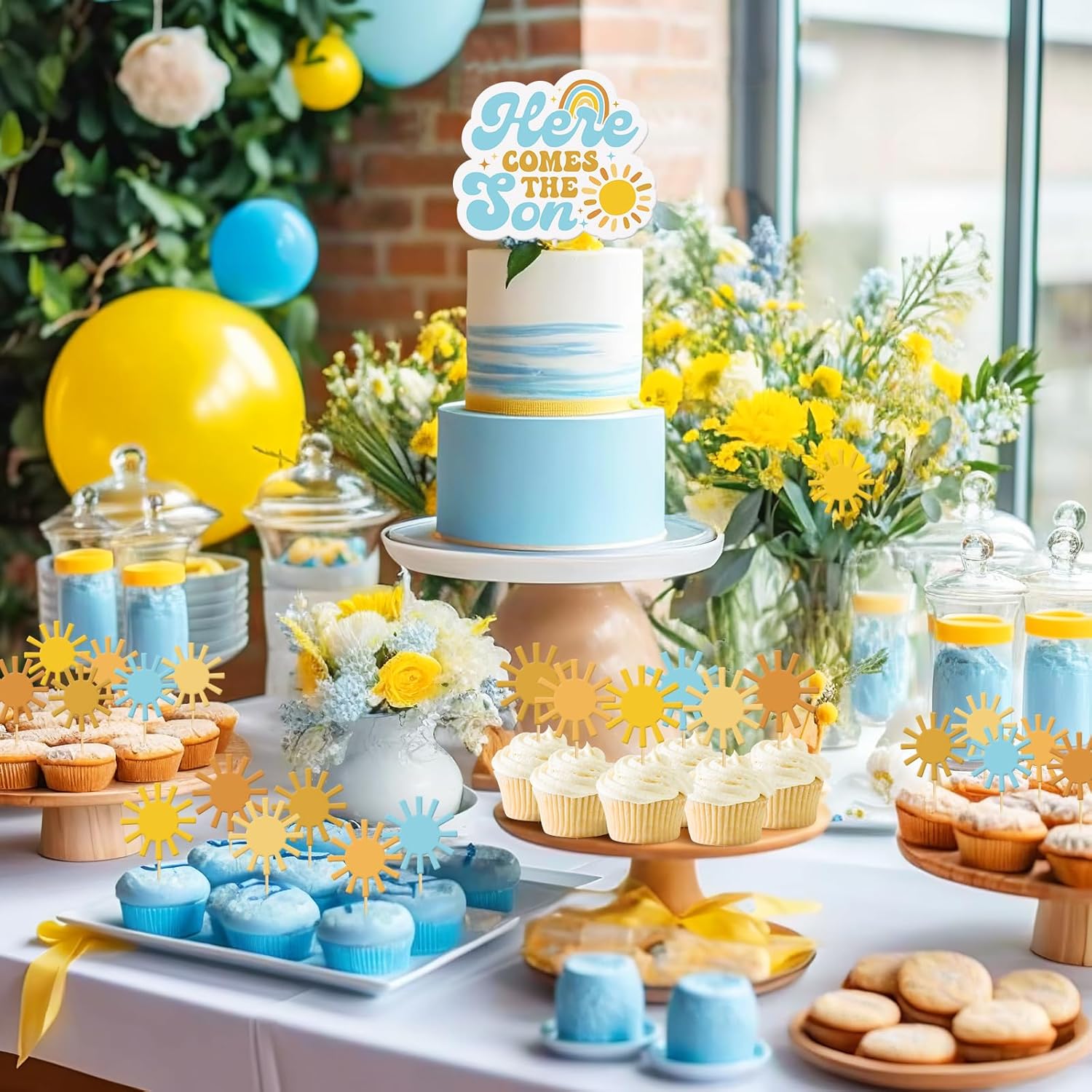 Sinasasspel Decoraciones de baby shower con el texto en inglés Here Comes the Son (Here Comes the Son), decoración minimalista para cupcakes, globos