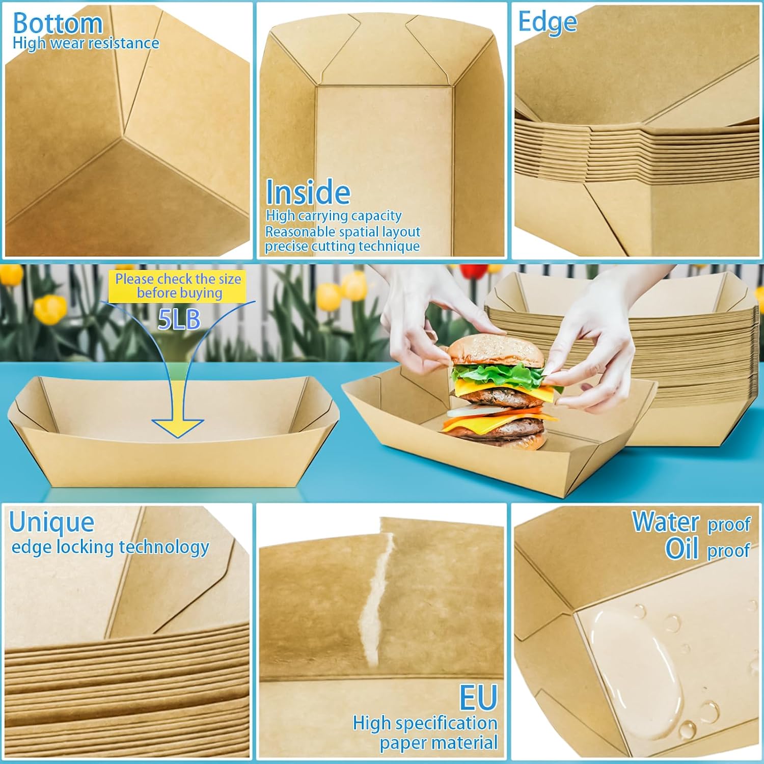 MotBach Paquete de 30 bandejas de papel extra grandes de 5 libras, desechables, resistentes a la grasa, bandeja de comida de papel resistente para