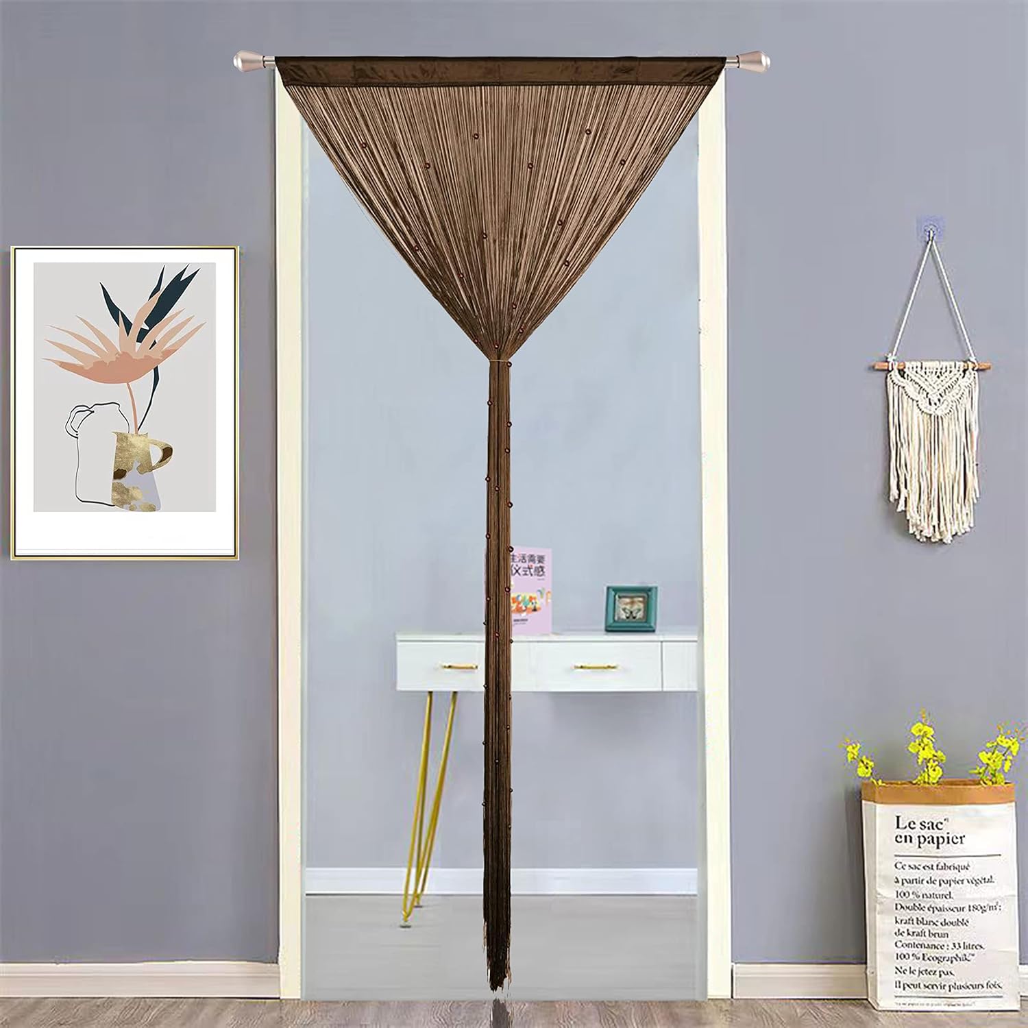 Cortinas de cuerda para sala de estar, con cuentas de perlas, flecos y borlas, para puertas