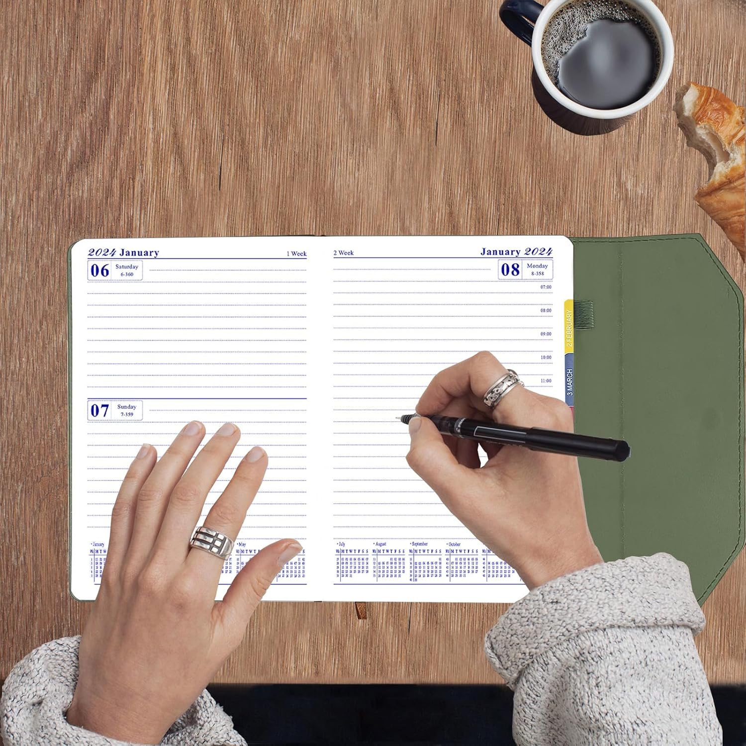 Agenda mensual diaria 2024, calendario, enero a diciembre de 2024, papel grueso de 3.53 ozm, cubierta de cuero, agenda con horario por hora, 6.1 x