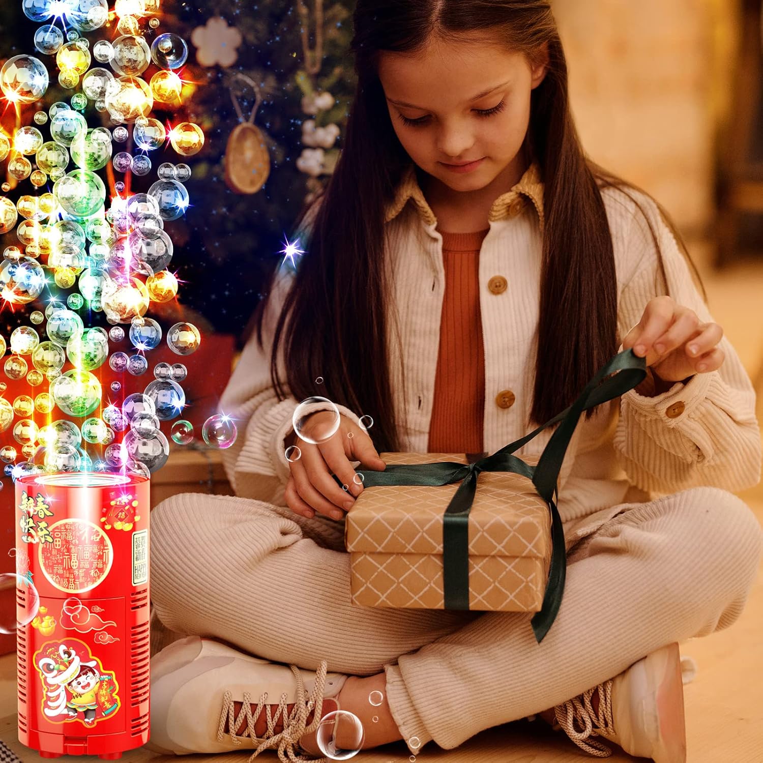 Máquina de burbujas de fuegos artificiales con solución de burbujas de 2.7 fl oz, máquina automática portátil de burbujas con luces y música para