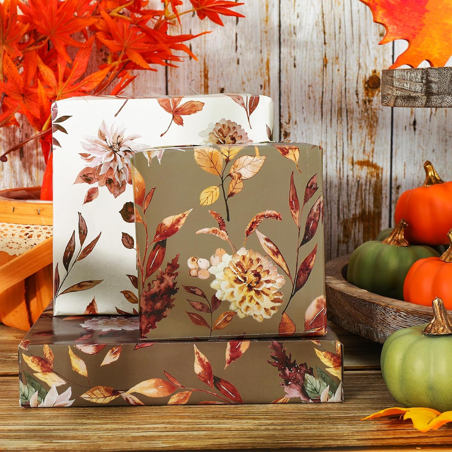 AnyDesign 12 hojas de papel de regalo de otoño con hojas florales de otoño, papel de regalo plegado a granel, papel de arte vintage plano para