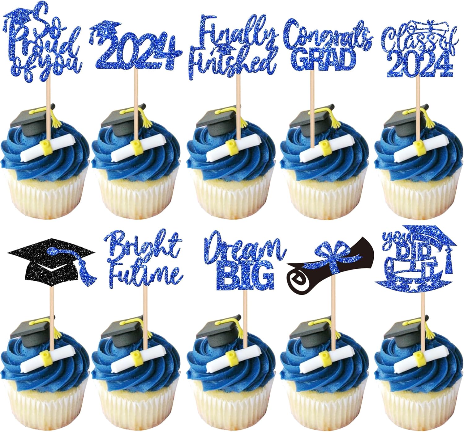 Paquete de 40 adornos para cupcakes de graduación Class of 2023 con purpurina So Proud of You Diploma Graduation Cap Cupcake Picks Bright Future