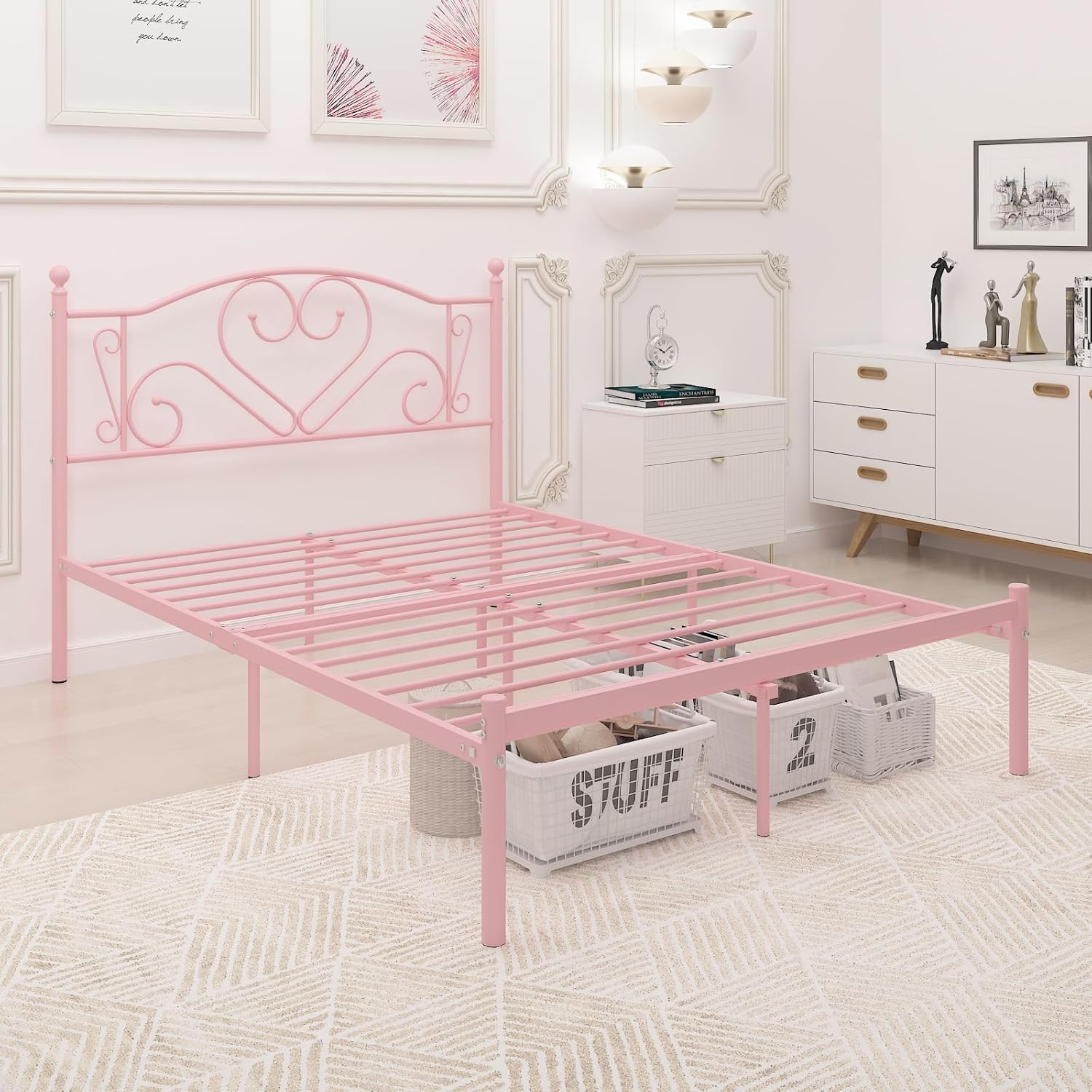 Weehom Base de cama de tamaño matrimonial con cabecero, plataforma de metal resistente debajo de la cama, espacio de almacenamiento sin necesidad de