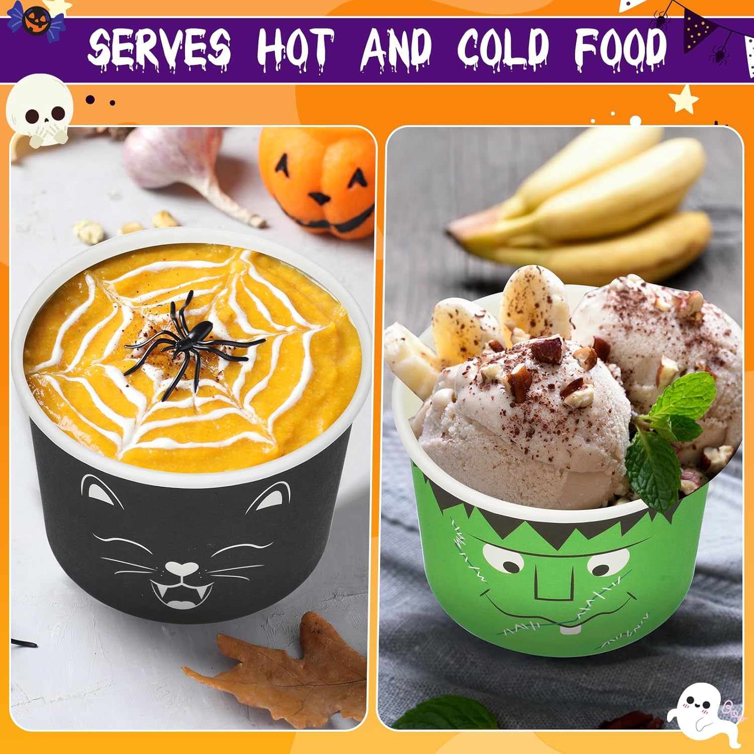 300 tazas desechables de 8 onzas para refrigerios de Halloween, cuencos de postre, tazas de calabaza, vasos de papel de esqueleto, tazas de helado