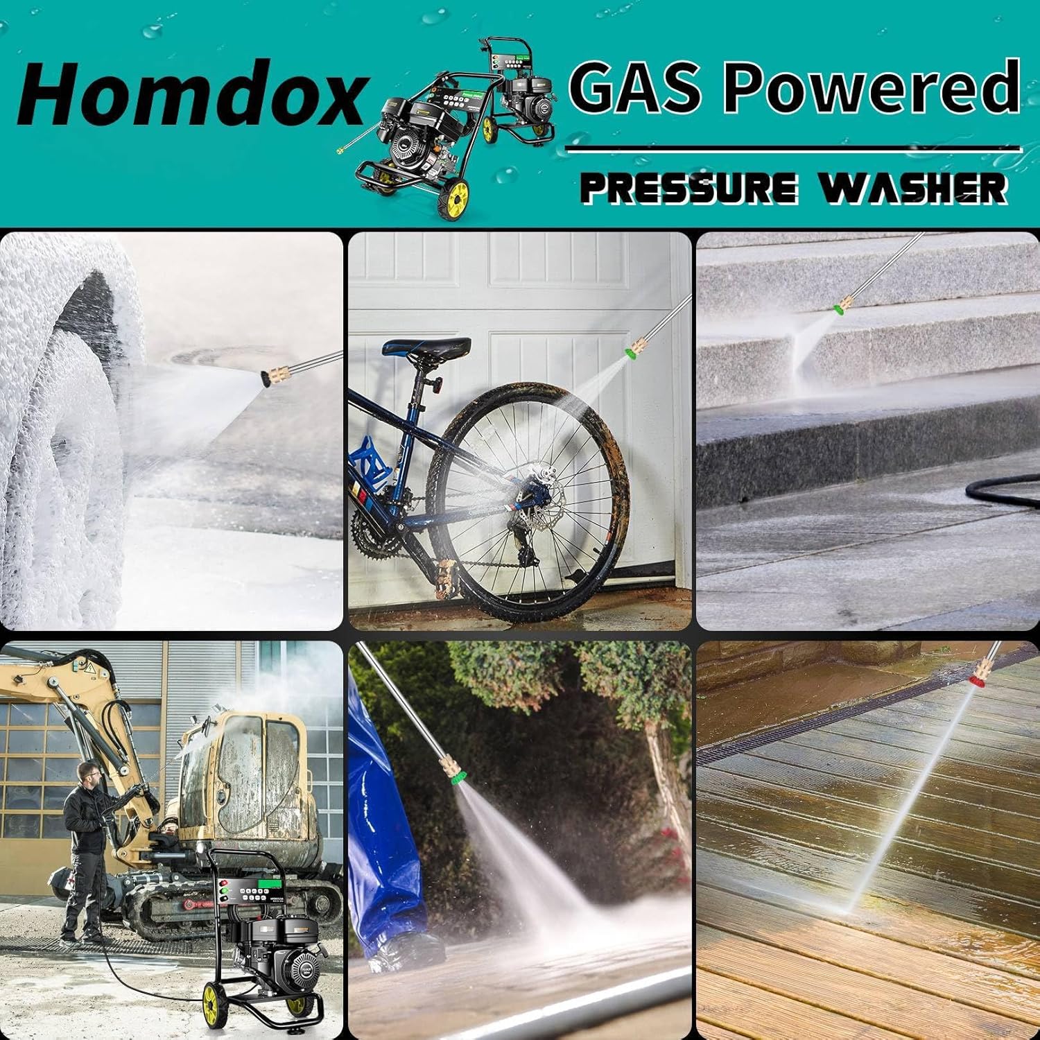Homdox Lavadora a presión de gas 4000PSI 2.6GPM Lavadora a gas 208CC Lavadora eléctrica a gas con manguera de 25 pies, lavadora a presión de