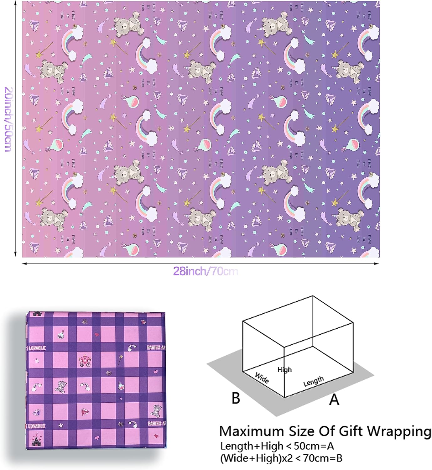 Dtiafu Papel de regalo para bebé, 10 hojas de papel de regalo morado y rosa para baby shower, cumpleaños, baby shower, oso, diamante, arco