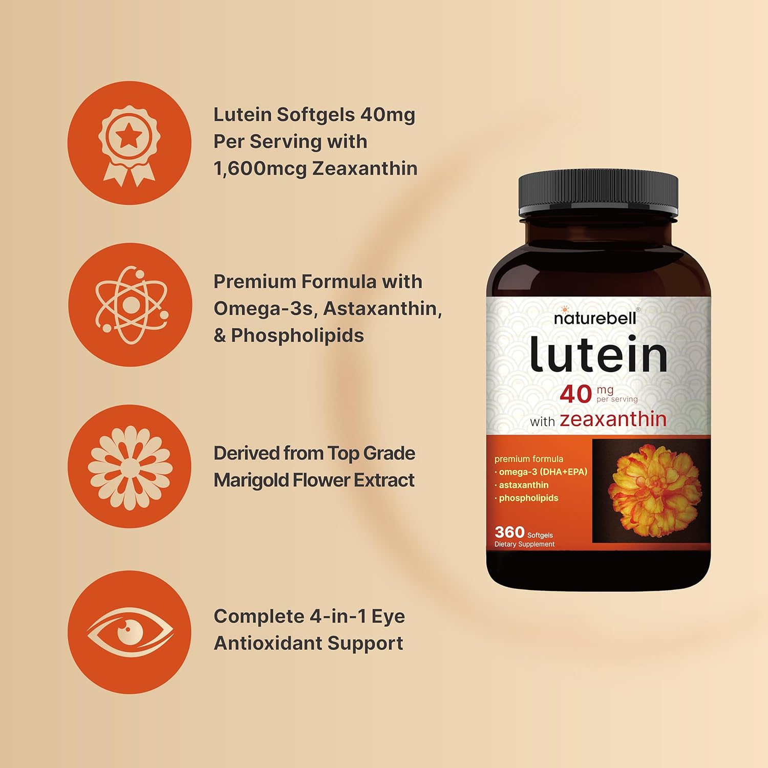 Luteína 40 mg y zeaxantina 1,600 mcg por porción, 360 cápsulas blandas  4 en 1 con omega-3, astaxantina y fosfolípidos – Extracto de flor de