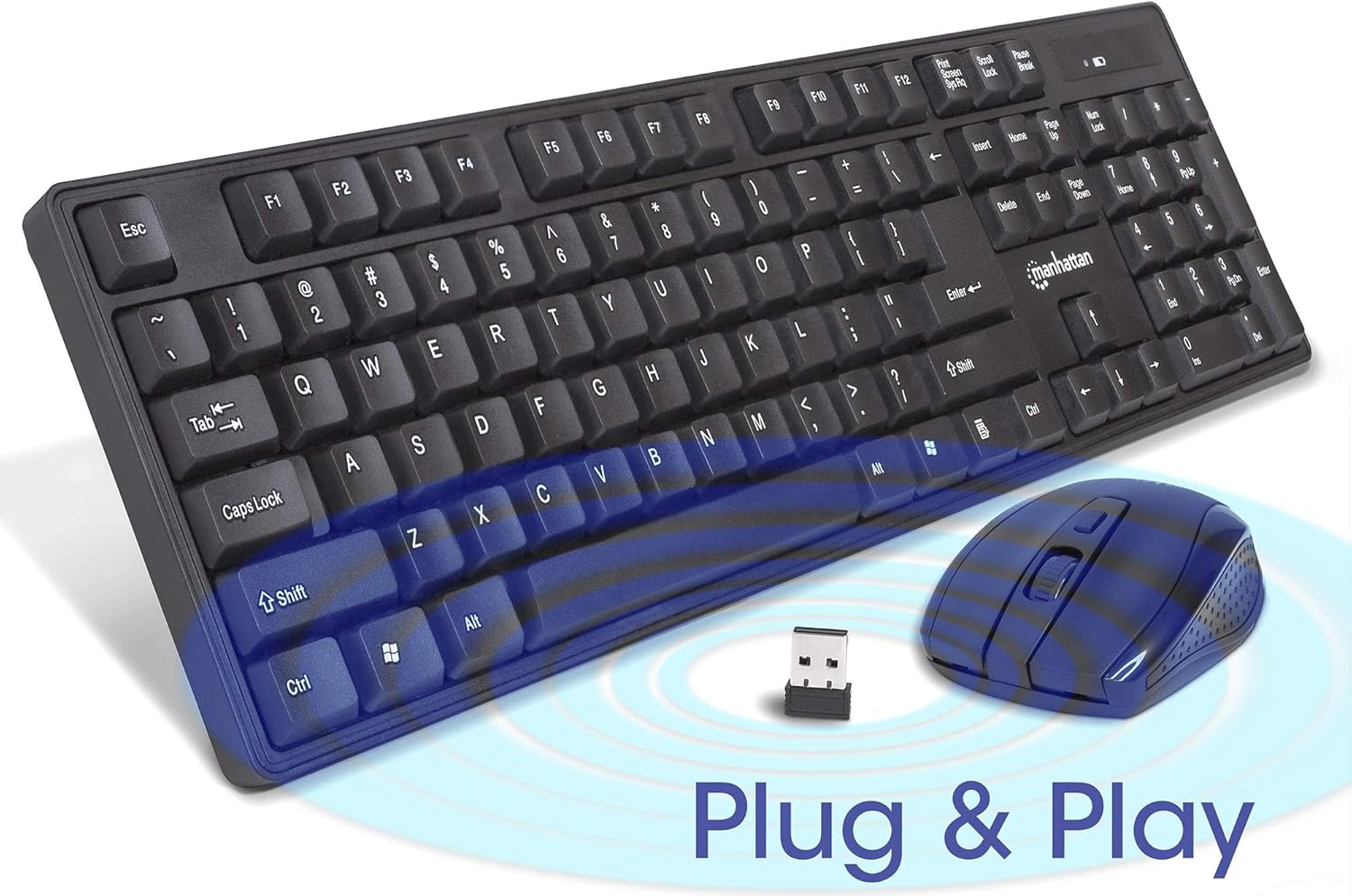 Manhattan Combo de teclado y mouse inalámbricos, juego de teclado inalámbrico USB de tamaño completo con dongle de 2.4 GHz para PC, computadora