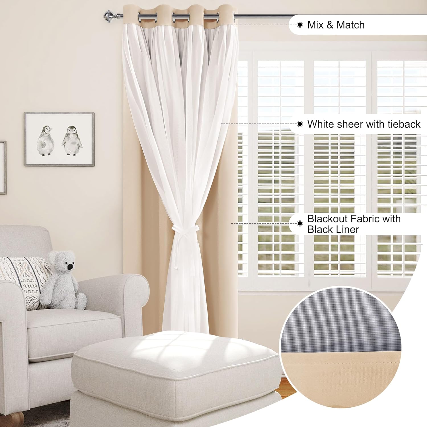 Cortinas 100% opacas con superposición transparente, doble capa con ojales, aislamiento térmico, cortinas de privacidad con forro negro para