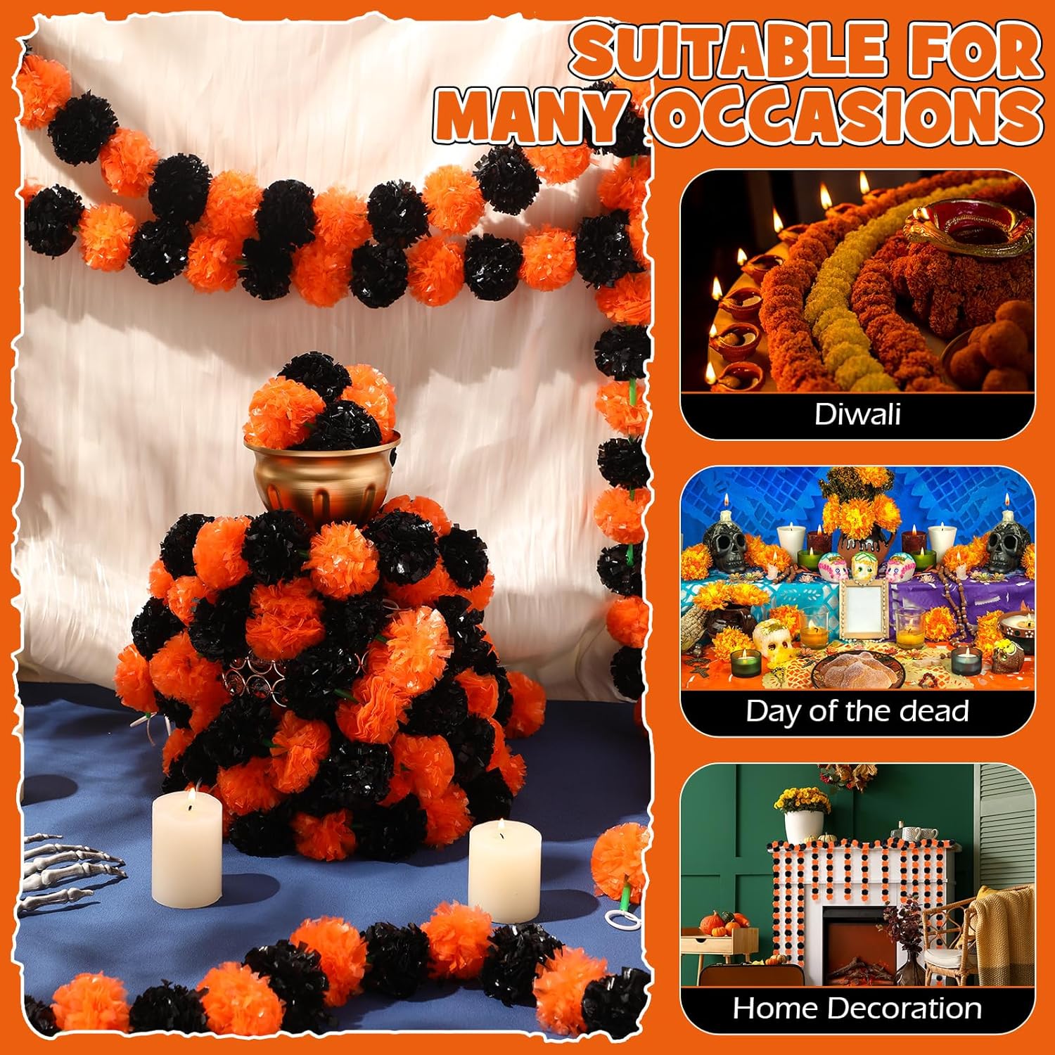 Yunsailing Guirnalda de caléndula naranja de 5 pies para el Día de los Muertos, guirnalda de flores artificiales de caléndula para boda, decoración