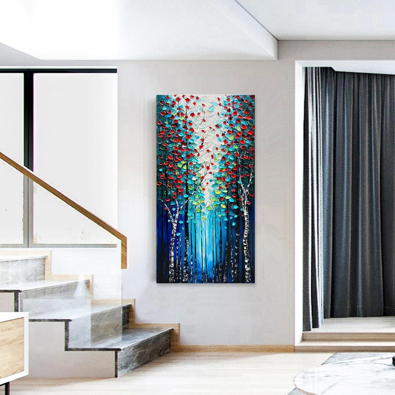 Diathou Paisaje forestal pintado a mano, pintura al óleo, azul oscuro, lienzo vertical, grande, arte de pared, 46 x 23 pulgadas, pintura al óleo,