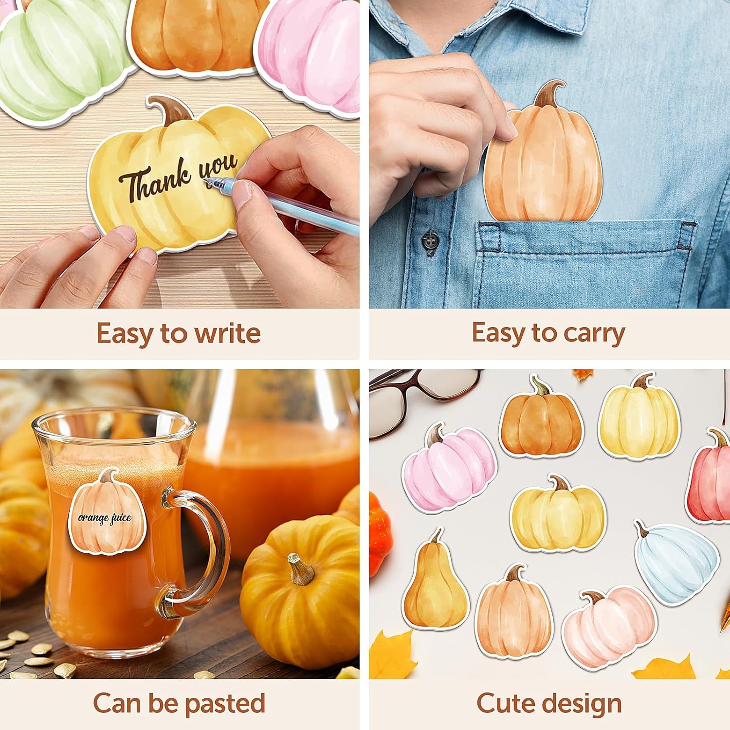 48 notas adhesivas de calabaza bohemia con forma de calabaza de acuarela colorida autoadhesivas, extraíbles, notas de estudio para escuela, oficina,
