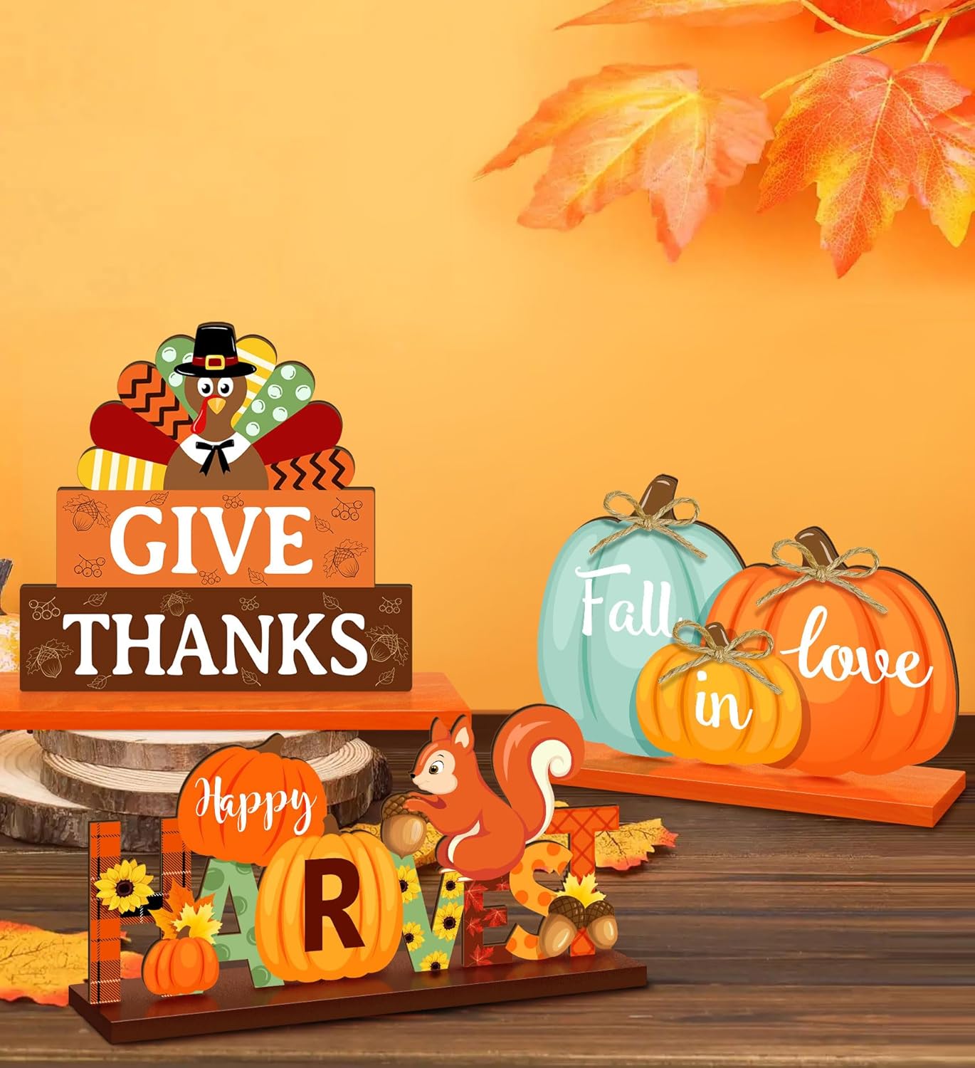 3 carteles de mesa de decoración de Acción de Gracias, letreros de mesa de otoño, centros de mesa, pavo, calabazas, letreros decorativos de madera,