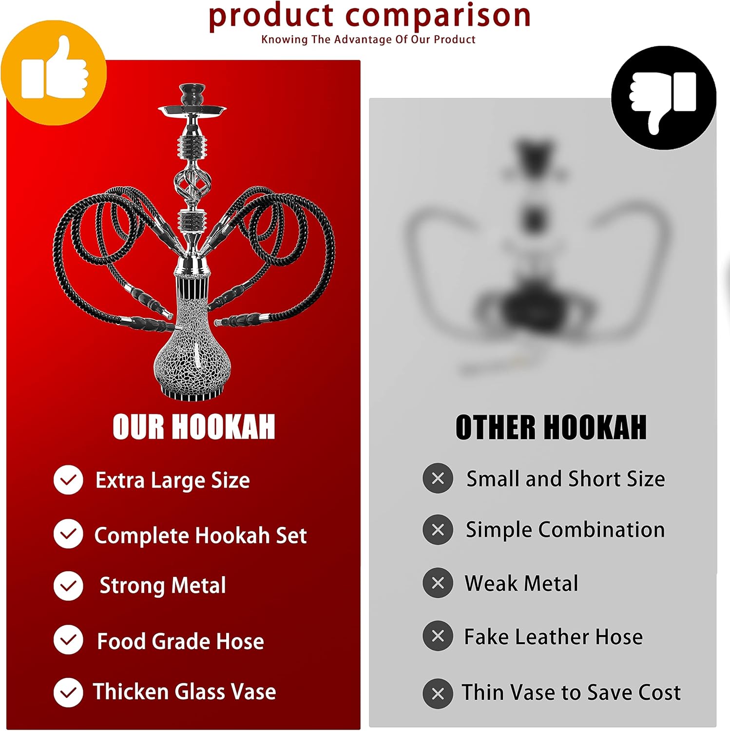 Juego completo de cachimba con 4 mangueras, kit de shisha grande de 22 pulgadas para hasta 4 personas con todo lo incluido, cuenco de cerámica