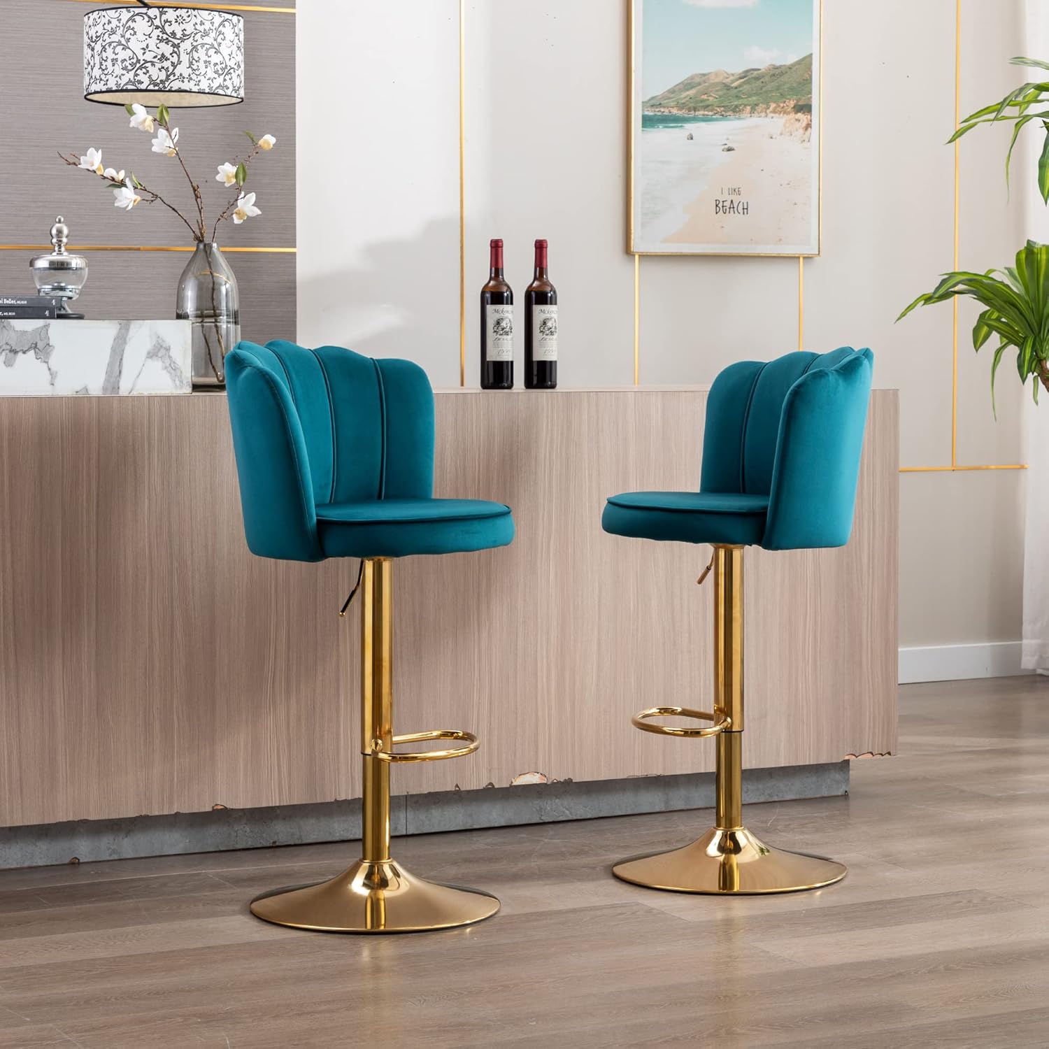 chairus Moderno juego de 2 taburetes de bar ajustables giratorios de altura de mostrador con base de metal dorado, cómodas sillas de bar tapizadas