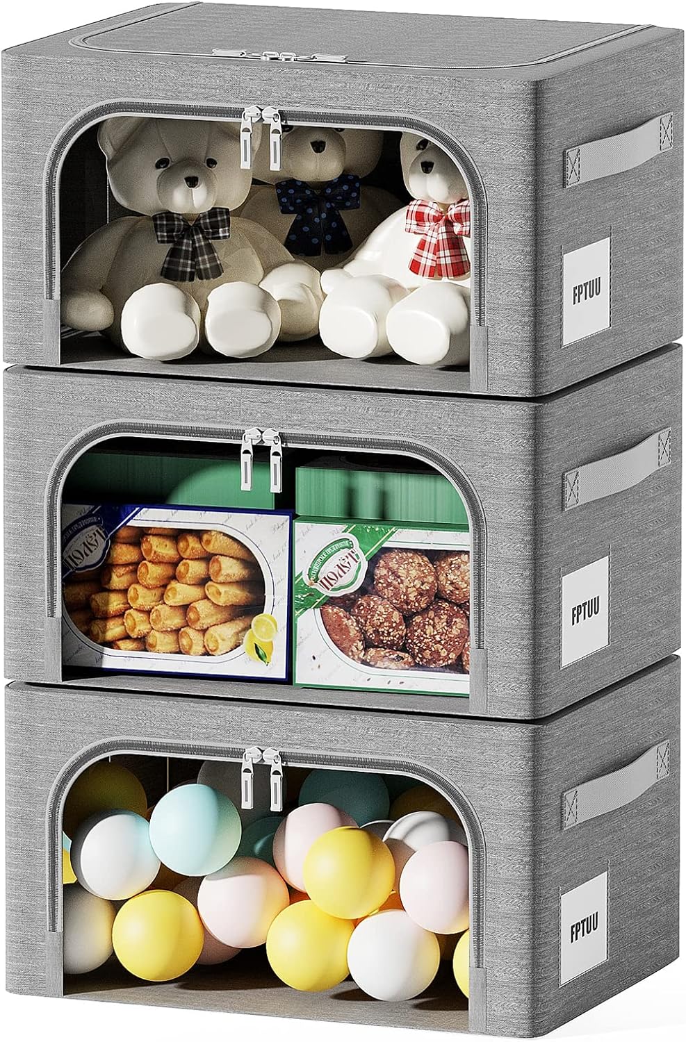 Paquete de 3 cajas de almacenamiento de ropa  Oxford plegable apilable contenedor organizador para ropa, marco de tela, bolsas de almacenamiento con