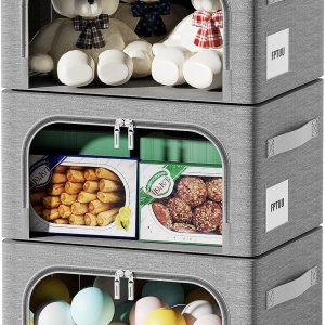 Paquete de 3 cajas de almacenamiento de ropa Oxford plegable apilable contenedor organizador para ropa, marco de tela, bolsas de almacenamiento con Paquete de 3 cajas de almacenamiento de ropa Oxford plegable apilable contenedor organizador para ropa, marco de tela, bolsas de almacenamiento con