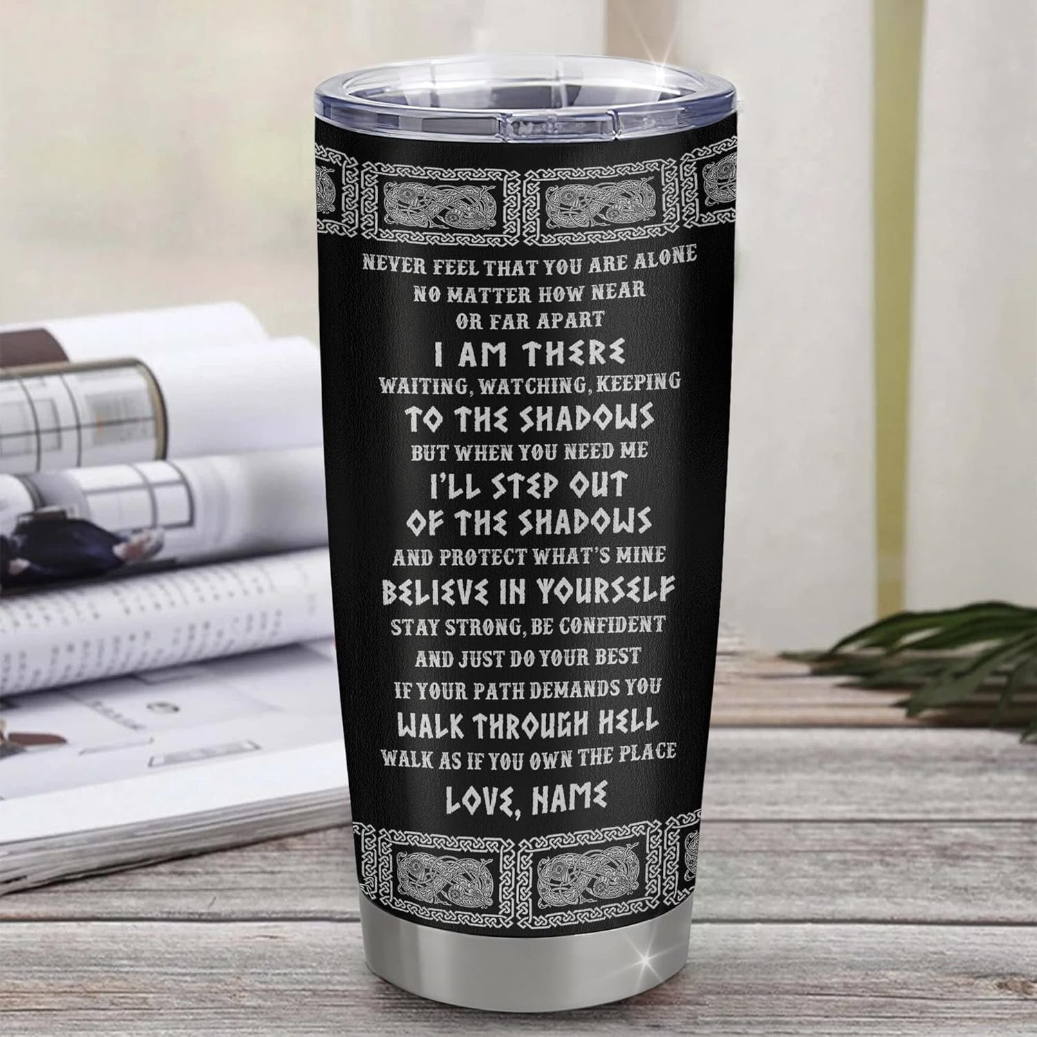 Vaso de acero inoxidable personalizado con texto en inglés “To My Son Viking”, vaso curvado de 20 onzas (124)