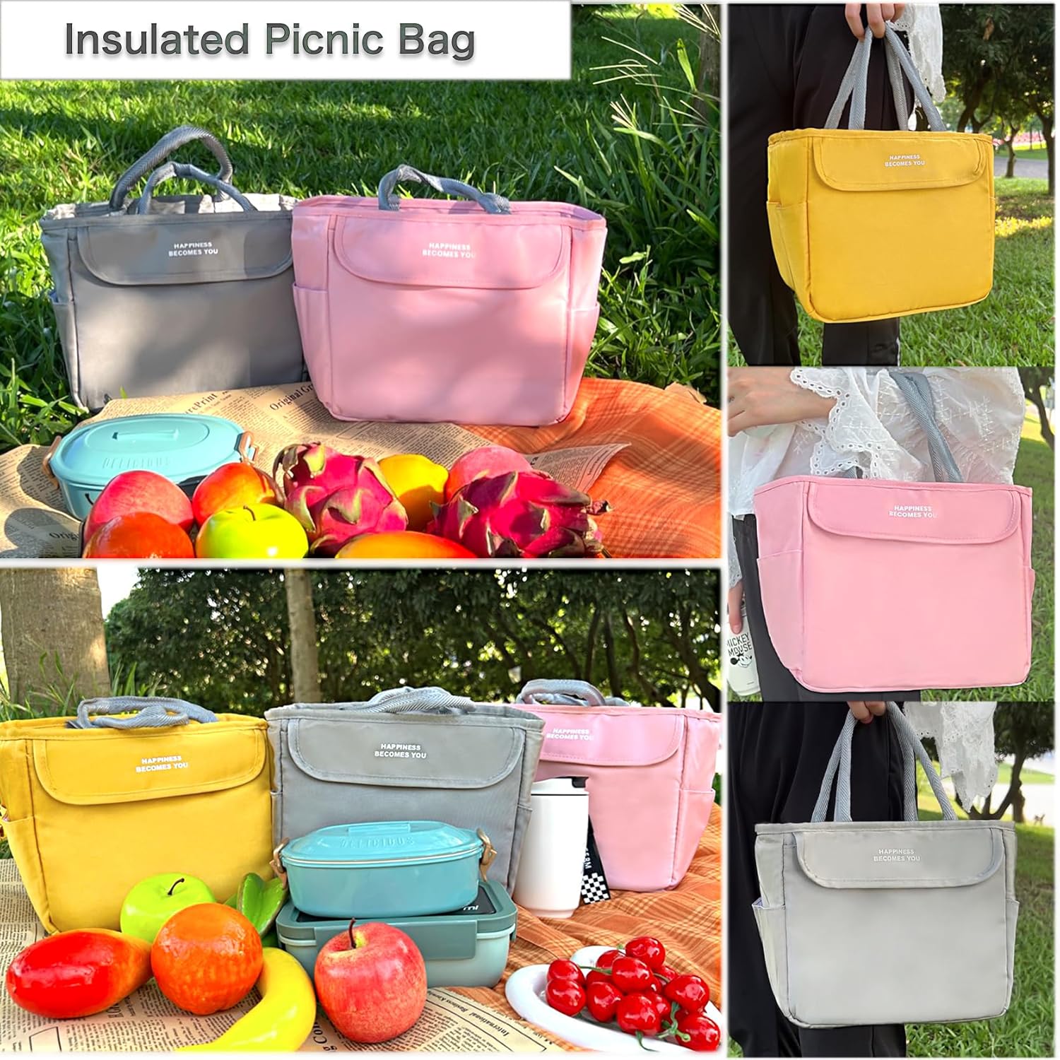 Jaiiinnoe Bolsa de almuerzo para mujer, pequeña bolsa de almuerzo para mujeres, bolsa reutilizable con aislamiento térmico para adultos (amarillo)