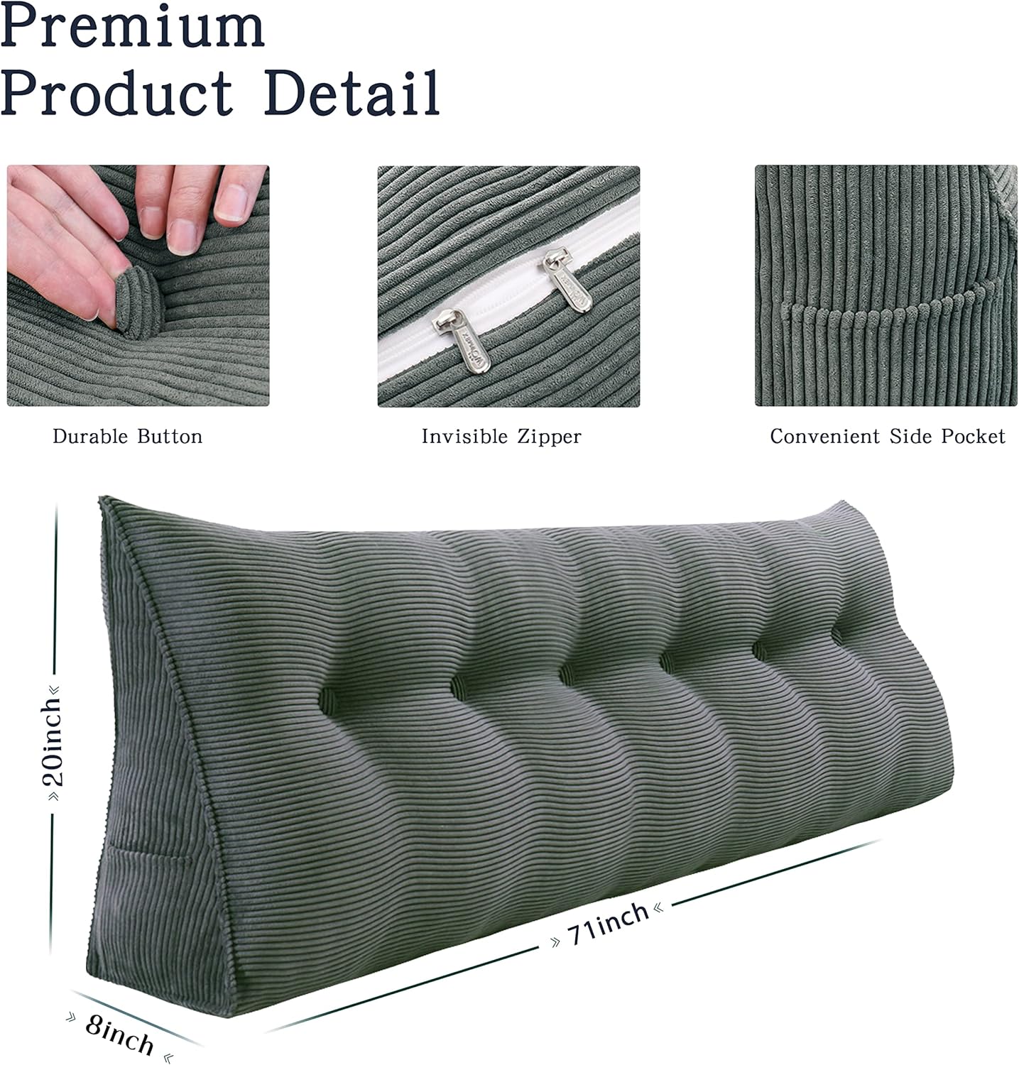 Cojín triangular Vercart para cama y sofá en forma de cuña, para apoyar la espalda, para leer, soporte lumbar, con funda removible.