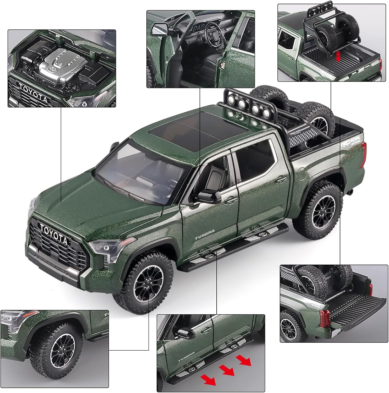 Toy Trucks for Boys 124 Tundra Diecast Metal Model Toy Pickup Truck Pull Back Car Model with Light and Sound Toy Trucks for Boys Age 4-7(Green)