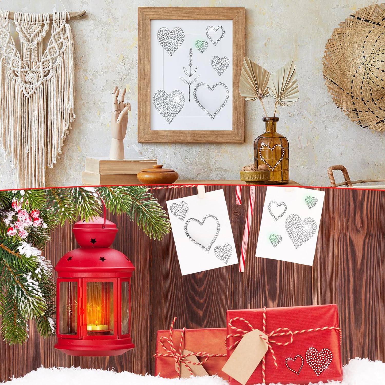 4 hojas autoadhesivas de corazón con purpurina y diamantes de imitación para el día de San Valentín, Navidad, decoración de manualidades, ventana de