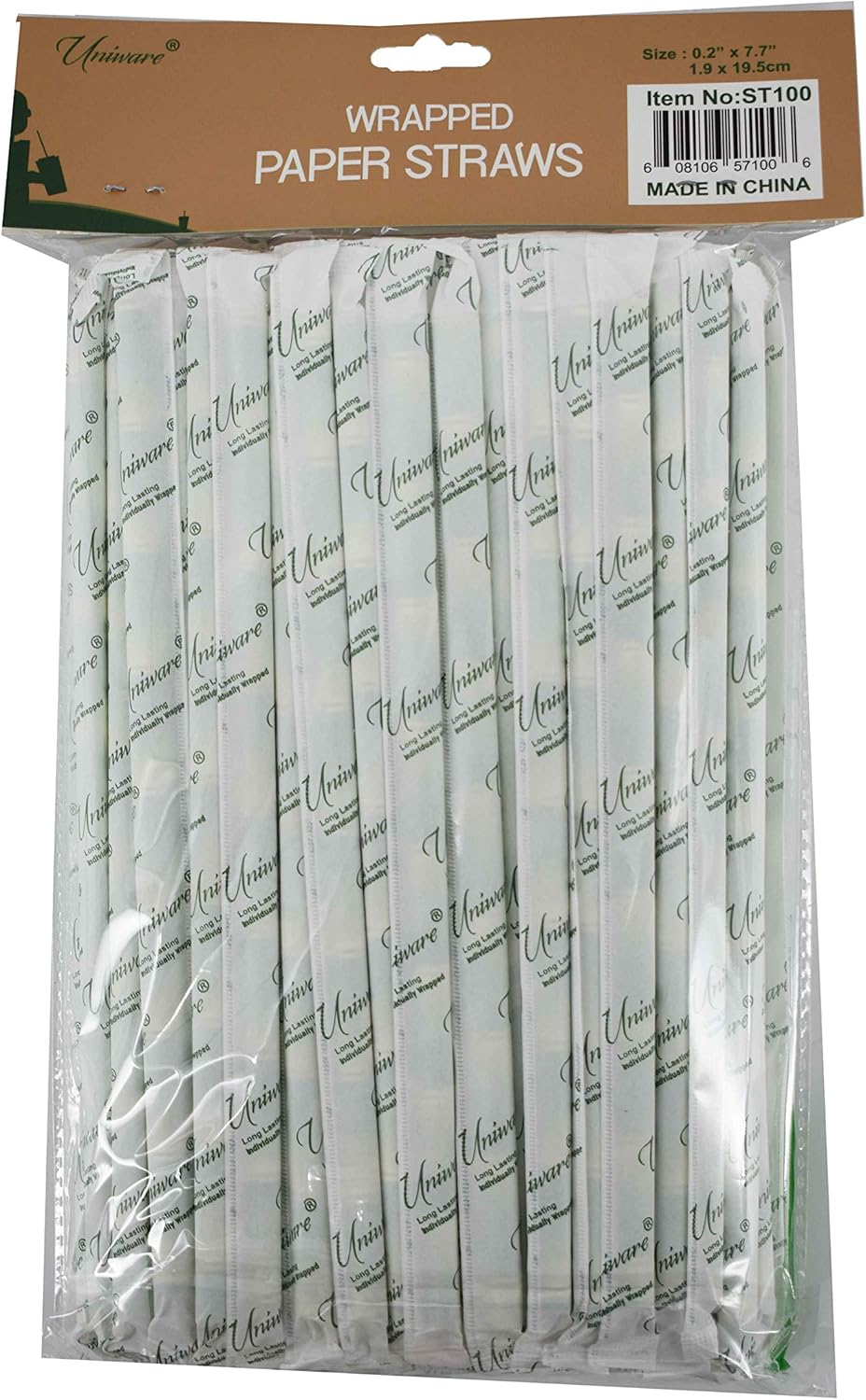 Uniware 100 pajitas de papel envueltas individualmente de larga duración (blancomarrón, 0.2 x 7.7 pulgadas) (punto)