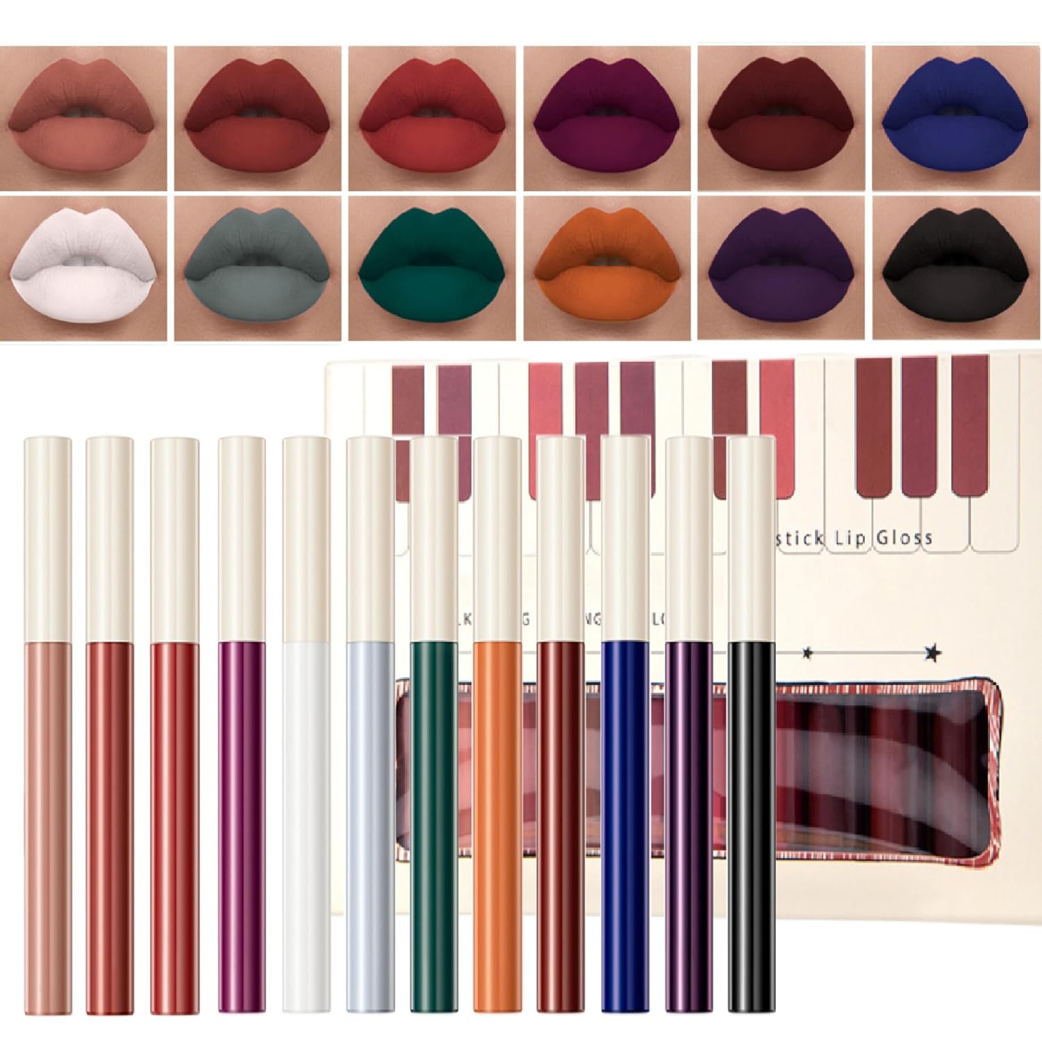 Juego de lápices labiales líquidos mate, kit de brillo labial de terciopelo de 12 colores, resistente al agua, larga duración, tinte de labios de