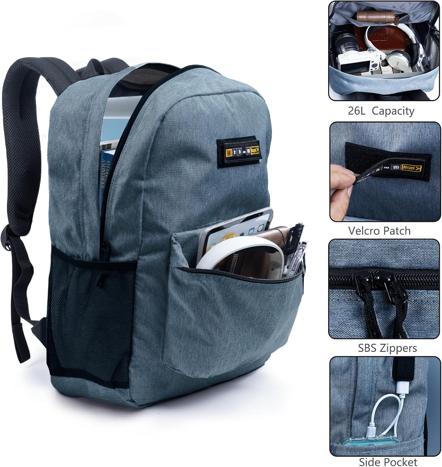 Mochila escolar, mochila ligera para laptop con puerto de carga USB, mochila para la universidad (no incluye parche de velcro), Gris (Graphite