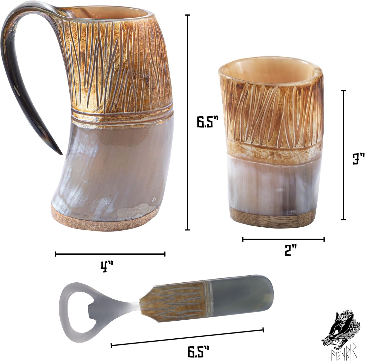 FENRIR Taza de cuerno de buey vikingo prémium para cerveza y aguamiel y cerveza y jarra de bebida fría, taza con acabado natural con vidrio corto y