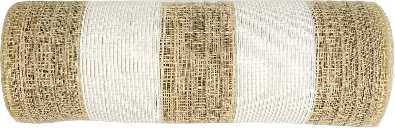 MEEDEE Cinta de malla de yute de 10 pulgadas, cinta de malla de yute natural y blanca de rayas anchas para otoño, Navidad, corona de arpillera,