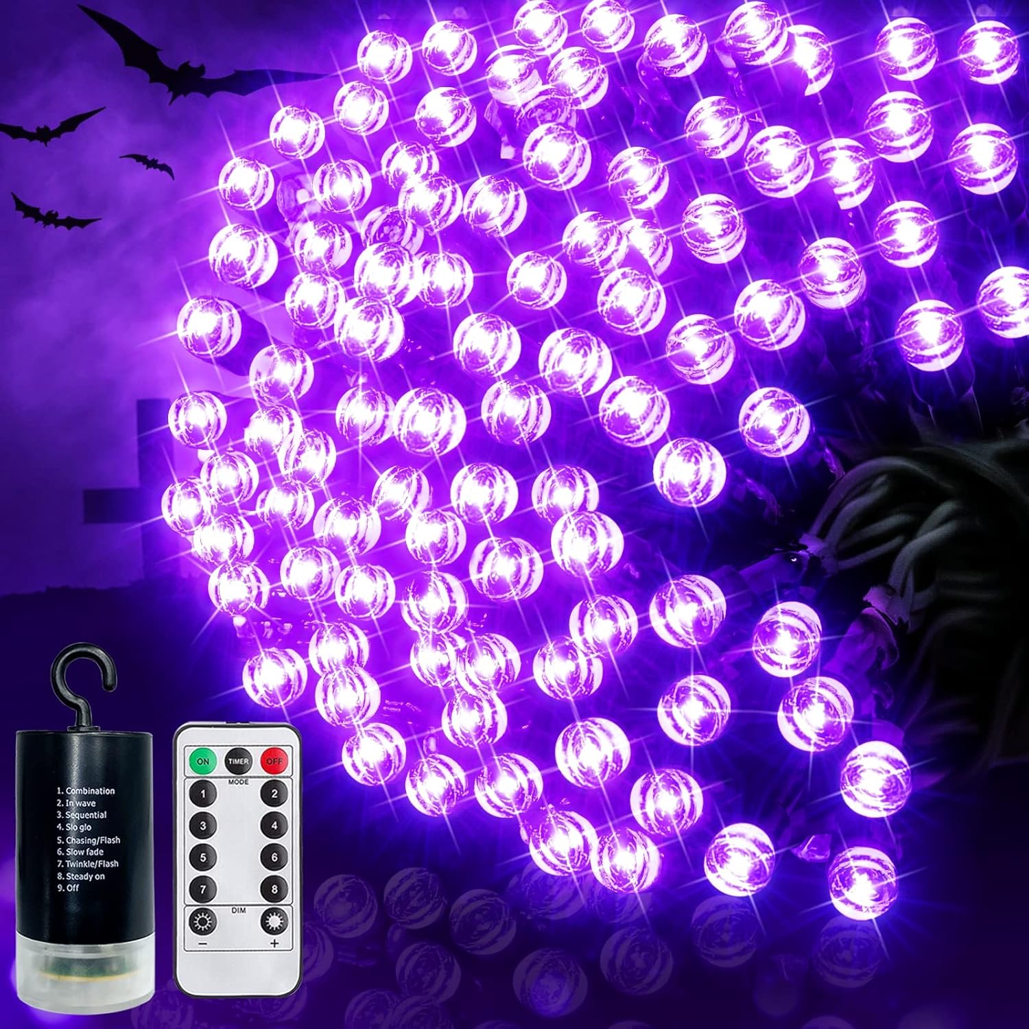 TURNMEON Tira de luces LED moradas de Halloween de 50 pies a 150 pies para exteriores, funciona con pilas, cable negro con impermeable,