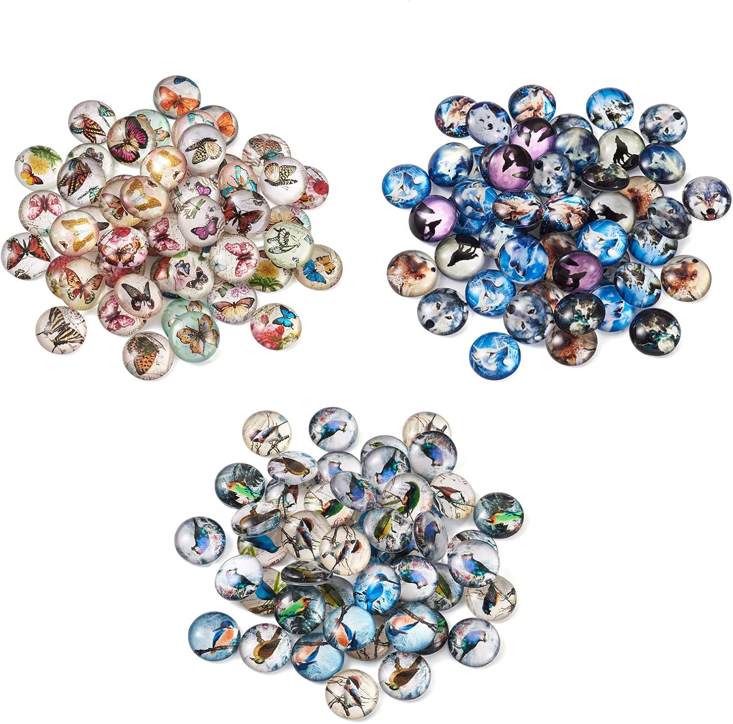 150 cabujones de cristal de animales de 0.47 pulgadas de 0.47 pulgadas, mitad redondos, pájaro, lobo, mariposa, cabujones de cúpula de vidrio,