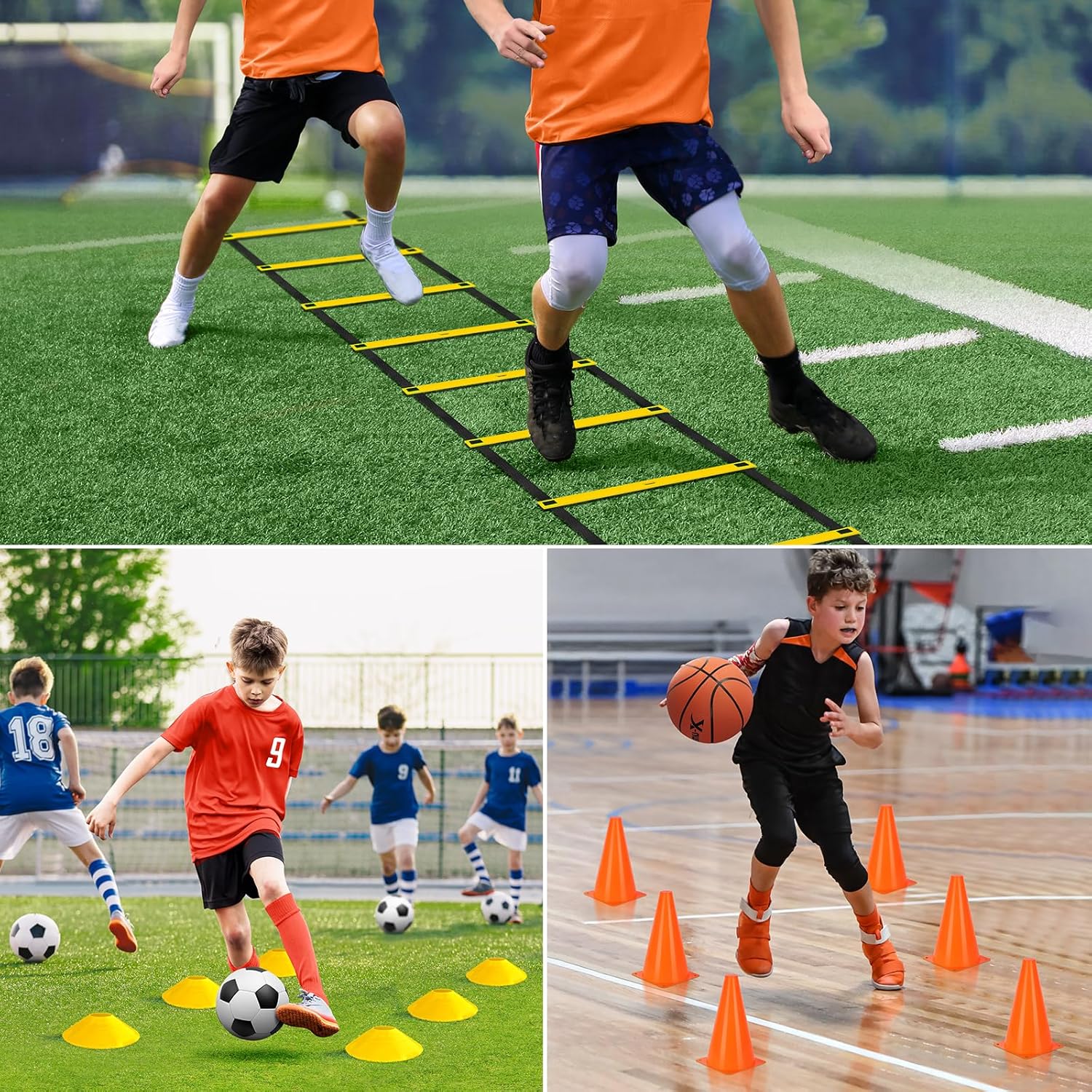 Juego de equipos de entrenamiento de velocidad de agilidad, escalera de agilidad de 20 pies, 14 conos de fútbol, pelota de fútbol tamaño 4,