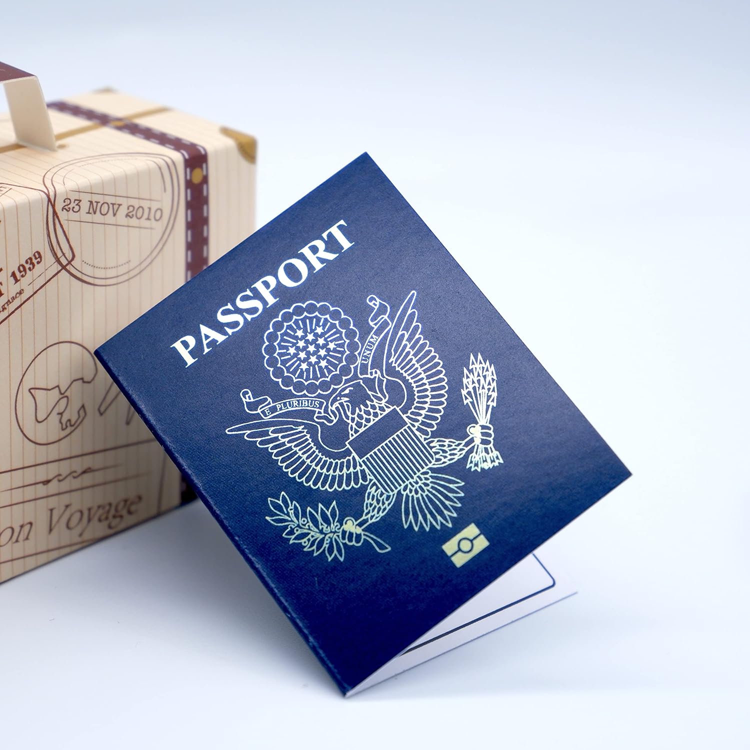 DIY Surprise Mini Suitcase & Mini Gold foil Pretend USA Passport Reveal Gift bundle (DIY). Perfect for Valentines, vacations, birthday, family trips