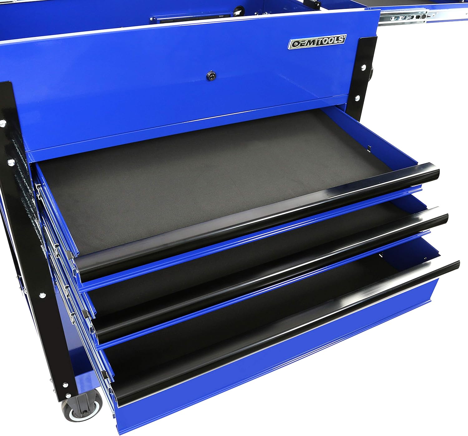 OEMTOOLS 24730 Carrito de herramientas deslizante de 3 cajones, caja de herramientas rodante con fuente de alimentación, compartimento superior