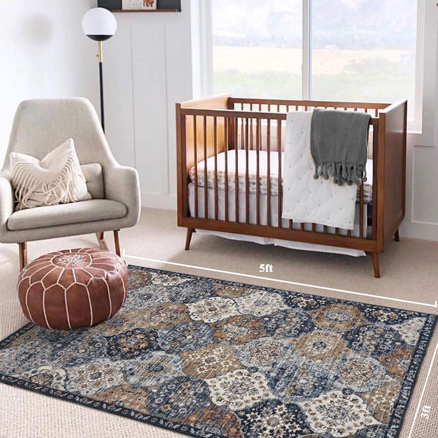 Othilic Alfombra lavable de 3 x 5, antideslizante, de pelo bajo, estilo bohemio, marroquí, enrejado, para sala de estar, alfombra oriental suave y